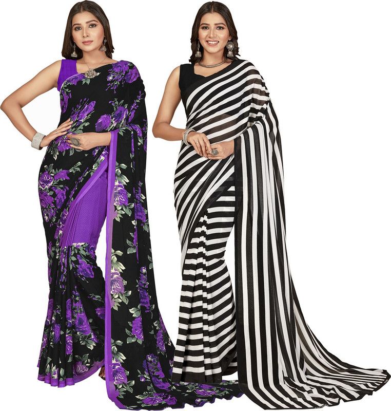 Floral Print, Striped Daily Wear Georgette Saree  (Pack of 2, Purple, Black)