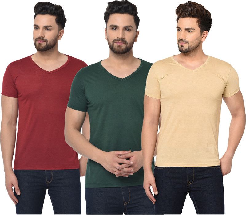 Pack of 3 Men Solid V Neck Cotton Blend Dark Green, Maroon, Beige T-Shirt