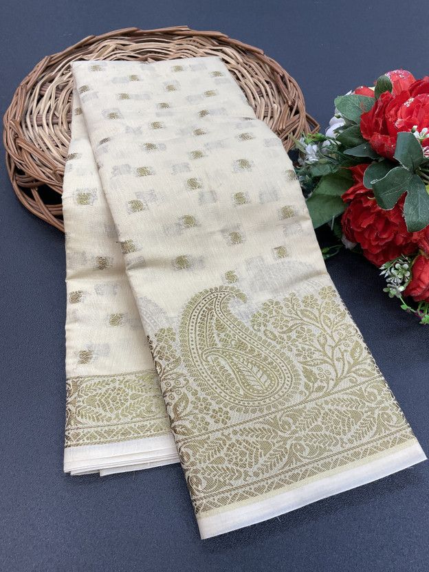 Woven Banarasi Jacquard, Cotton Silk Saree  (Gold, Beige)