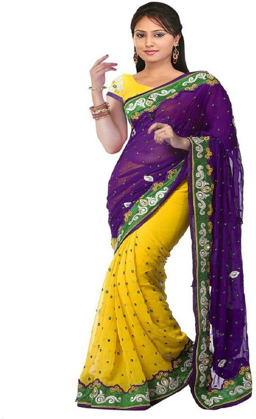 Embellished Bollywood Handloom Georgette, Chiffon Saree  (Blue, Yellow)