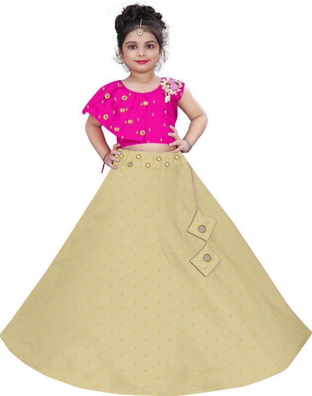 Girls Lehenga Choli Party Wear Embellished Lehenga & Crop Top  (Pink, Pack of 1)