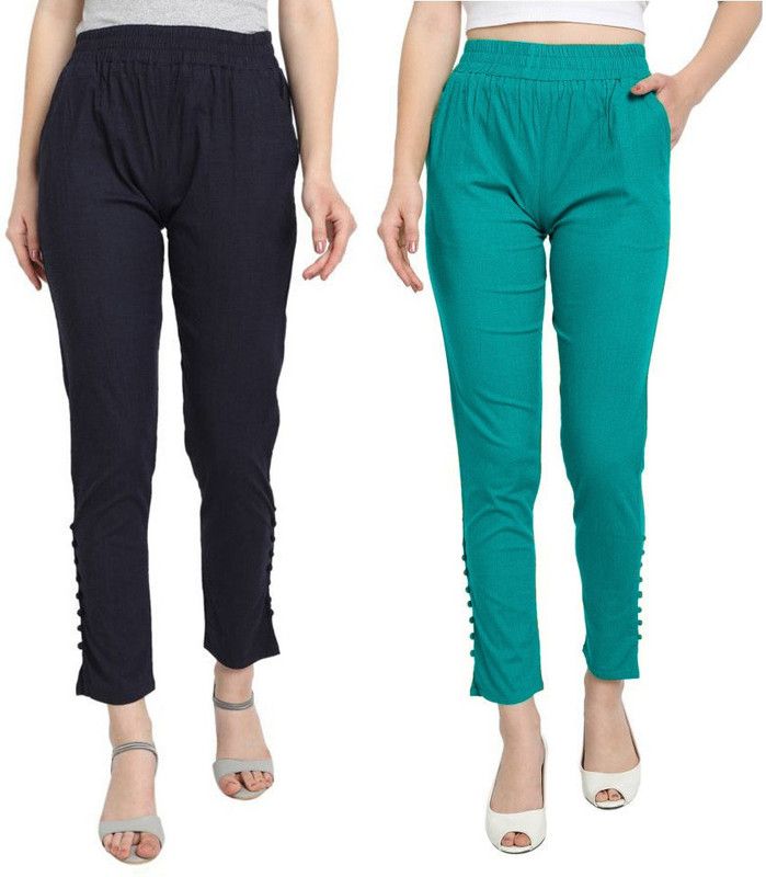 Pack of 2 Women Regular Fit Dark Blue, Green Cotton Blend Trousers