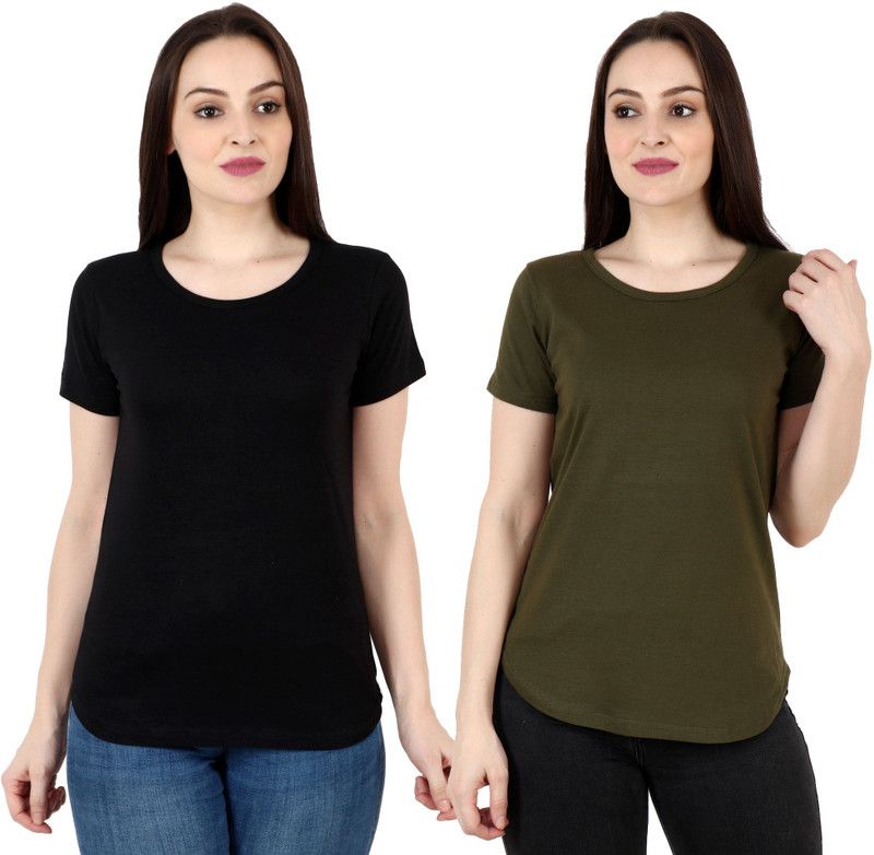 Pack of 2 Women Solid Round Neck Pure Cotton Dark Green, Black T-Shirt