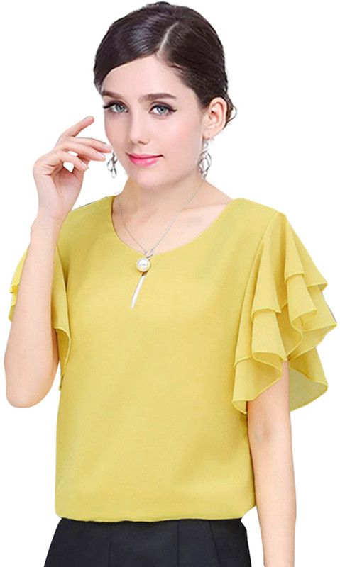 Casual Butterfly Sleeves Solid Women Yellow Top