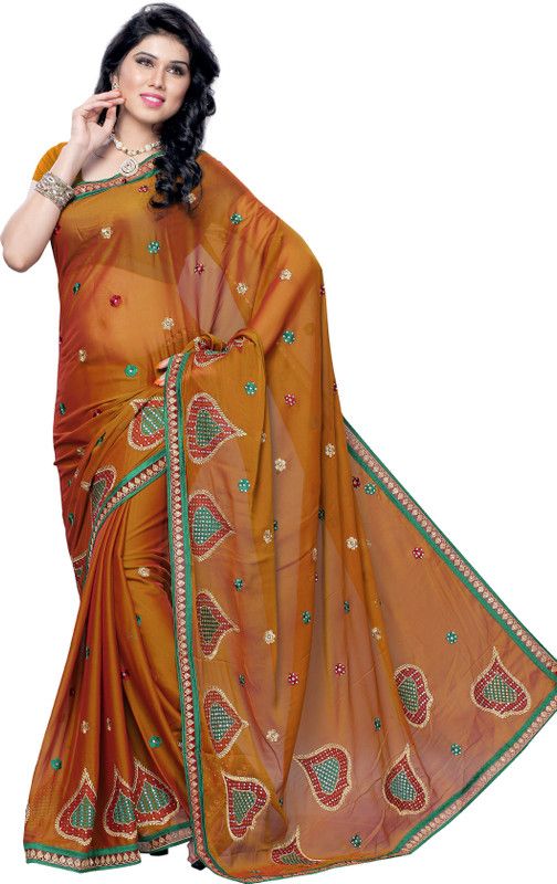 Woven Bollywood Handloom Chiffon Saree  (Mustard)