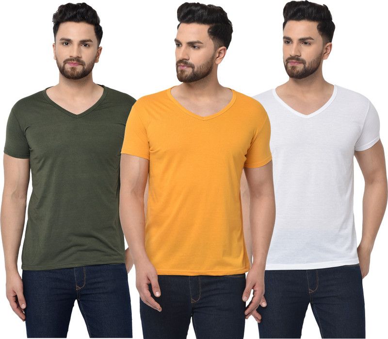 Pack of 3 V Neck T-Shirt Combo of 3 Men Solid V Neck Cotton Blend White, Green, Yellow T-Shirt