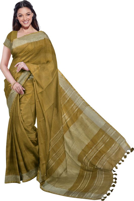 Solid/Plain Bhagalpuri Cotton Linen Saree  (Gold)