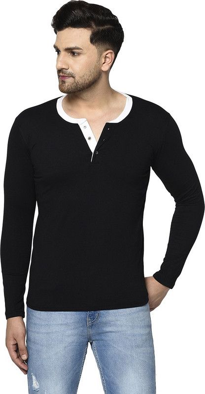 FULL SLEEVES, FREQUE BLAK WHITE BUTTON T-SHIRT Men Solid Henley Neck Cotton Blend White, Black T-Shirt