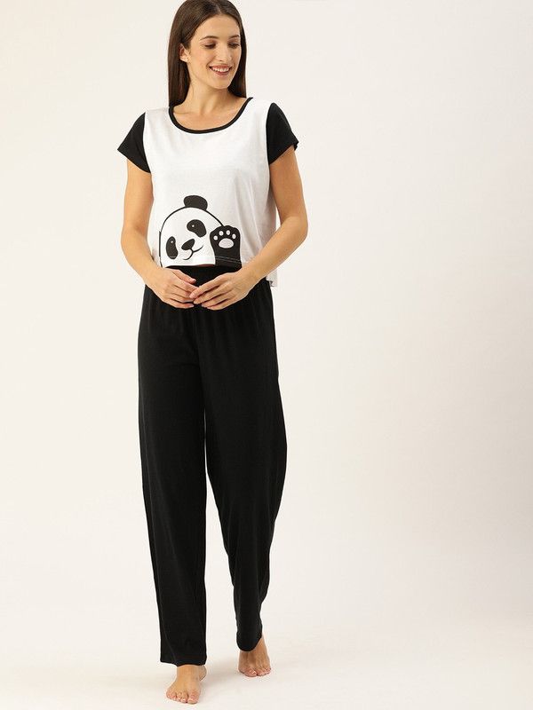 Women Top & Pyjama Set White, Black Printed