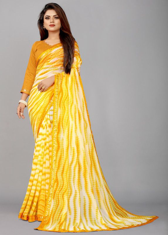 Printed Leheria Georgette, Chiffon Saree  (Yellow)