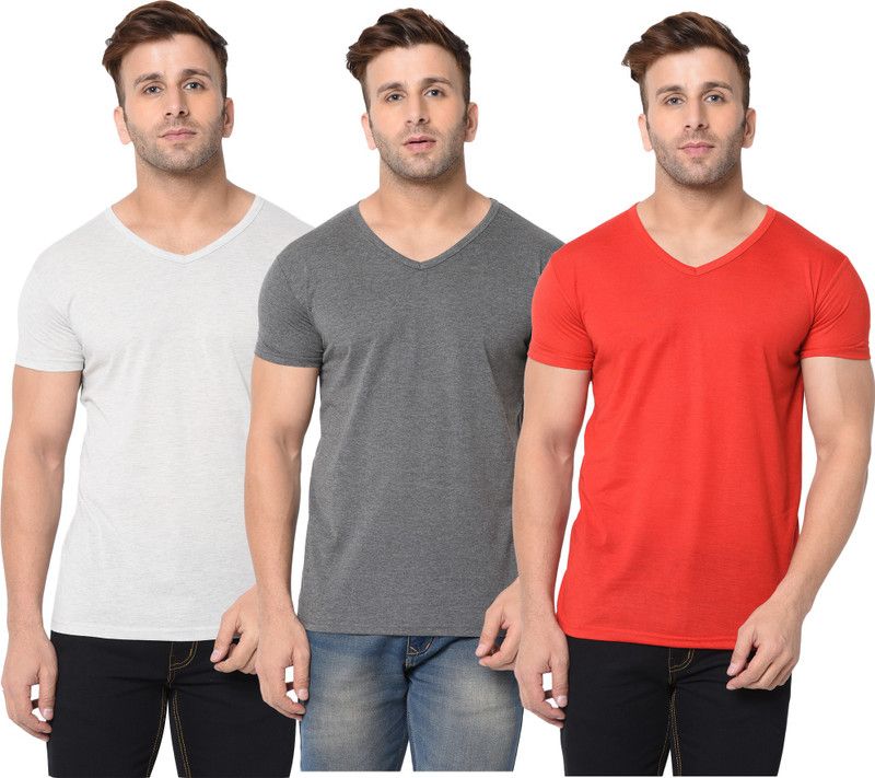 Pack of 3 Men Solid V Neck Cotton Blend Red, Grey T-Shirt