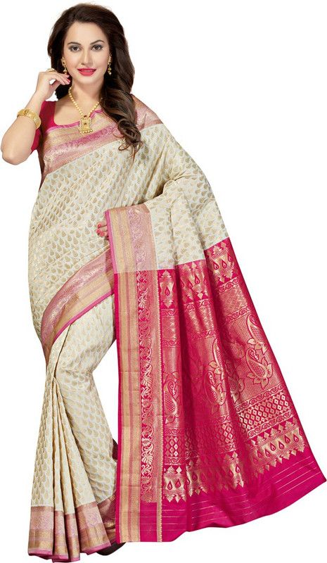 Woven Kanjivaram Art Silk Saree  (White, Pink)