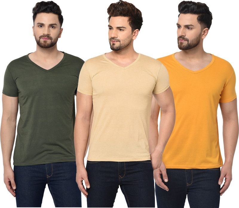 Pack of 3 Men Solid V Neck Cotton Blend Green, Beige, Yellow T-Shirt