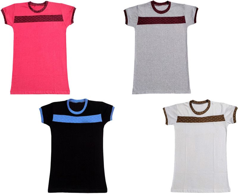 Boys & Girls Self Design Pure Cotton T Shirt  (Multicolor, Pack of 4)