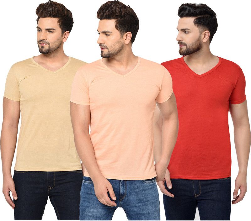 Pack of 3 V neck Combo T-shirts Multicolor Men Solid V Neck Cotton Blend Red, Pink, Beige T-Shirt