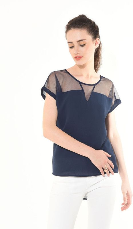 Party Regular Sleeves Solid Women Dark Blue Top