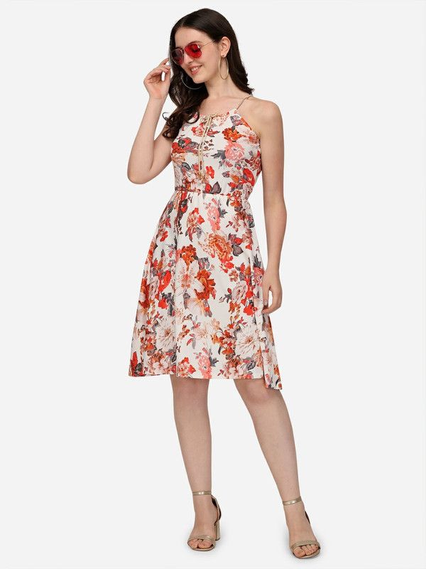 Women Fit and Flare Beige, Red Dress
