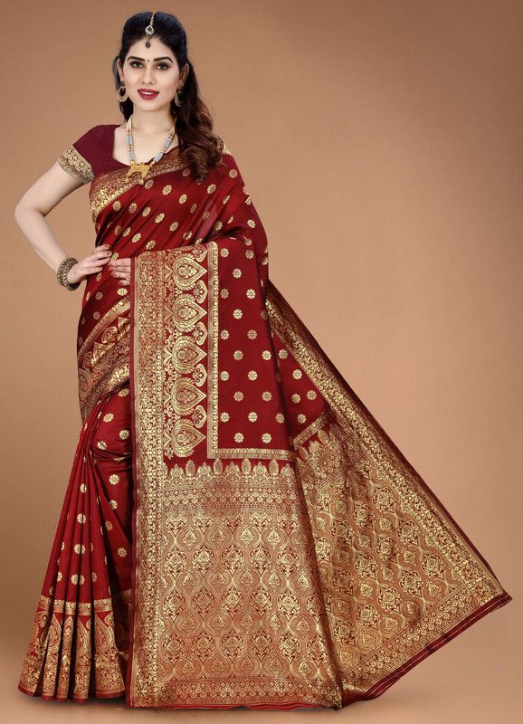 Woven Bollywood Silk Blend, Cotton Silk Saree  (Maroon)