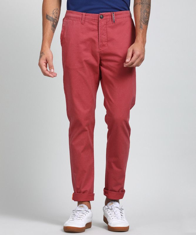 Men Red Cotton Blend Trousers