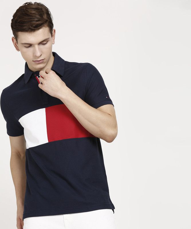 Men Colorblock Polo Neck Pure Cotton Dark Blue T-Shirt