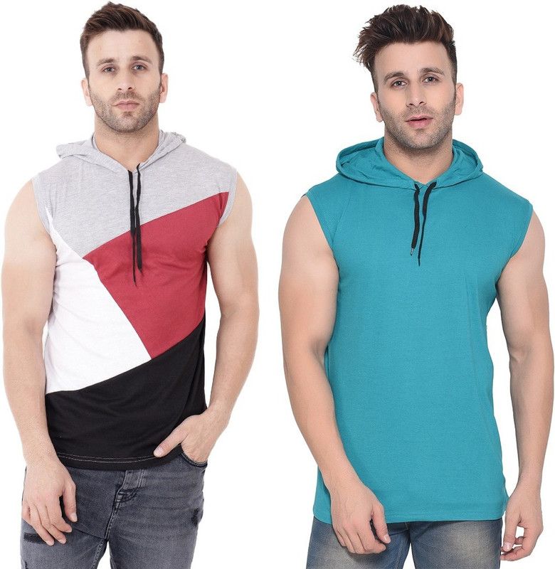 Pack of 2 Faizaan Men Solid Hooded Neck Cotton Blend Multicolor, Light Green T-Shirt