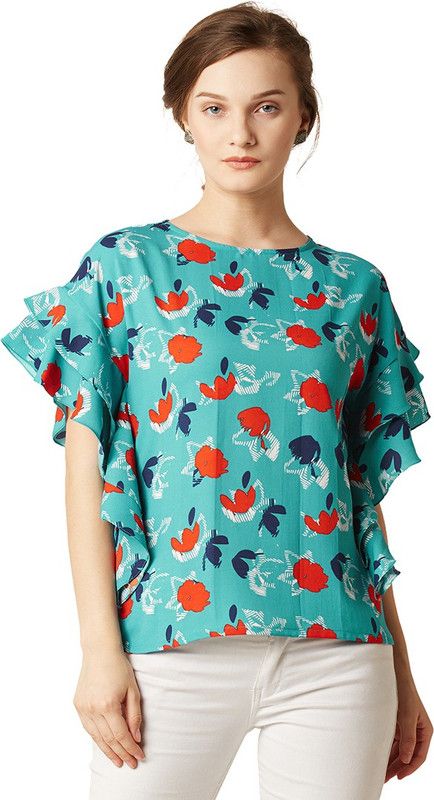 Casual Ruffled Sleeves Printed Women Green Top
