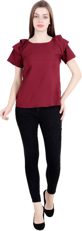 Party Cap Sleeves Self Design Women Maroon Top