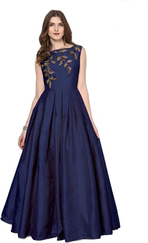 Satin Semi Stitched Anarkali Gown  (Blue)