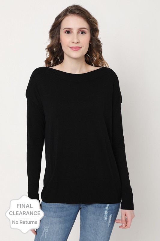 Women Solid Boat Neck Black Sweater