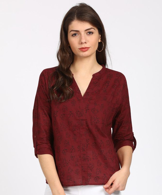 Casual Roll Up Sleeves Printed Women Maroon Top