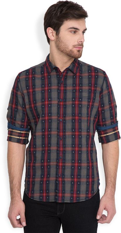 Shirt Men Slim Fit Checkered Spread Collar Casual Shirt