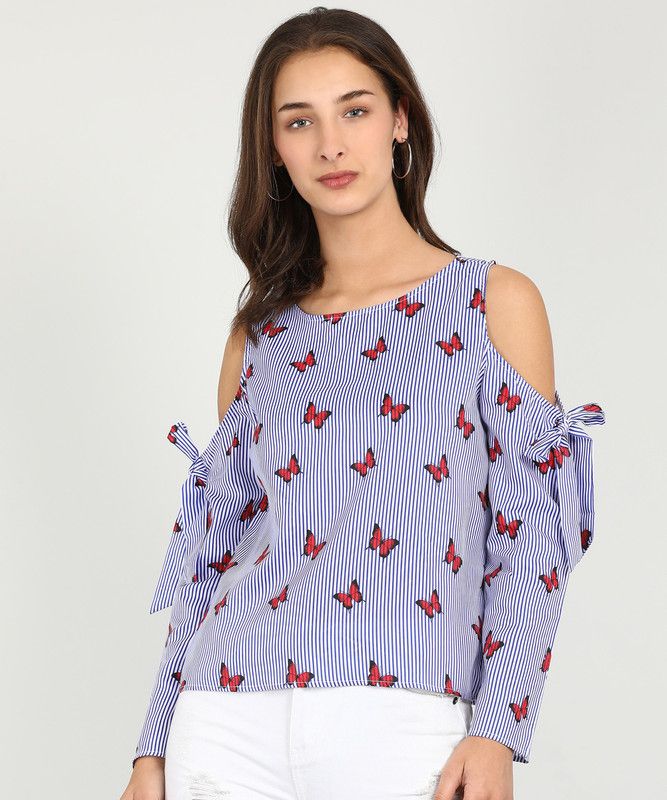 Casual Cold Shoulder Sleeves Printed, Striped Women Blue Top