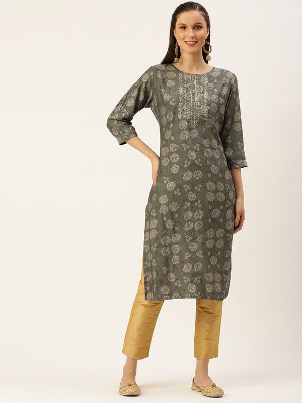 Women Embellished Cotton Silk Straight Kurta  (Grey)