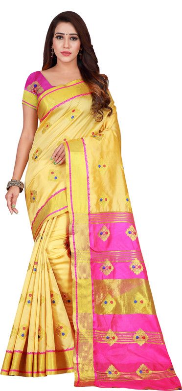Woven, Floral Print Kanjivaram Art Silk Saree  (Beige)