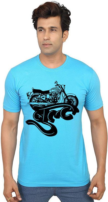 Bullet Hindi Men Printed Round Neck Pure Cotton Light Blue T-Shirt