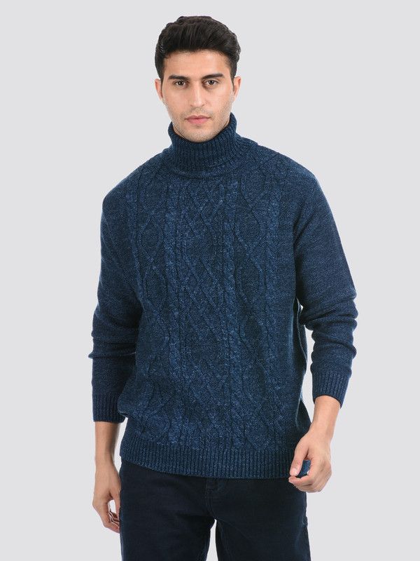 Men Self Design Turtle Neck Blue Sweater