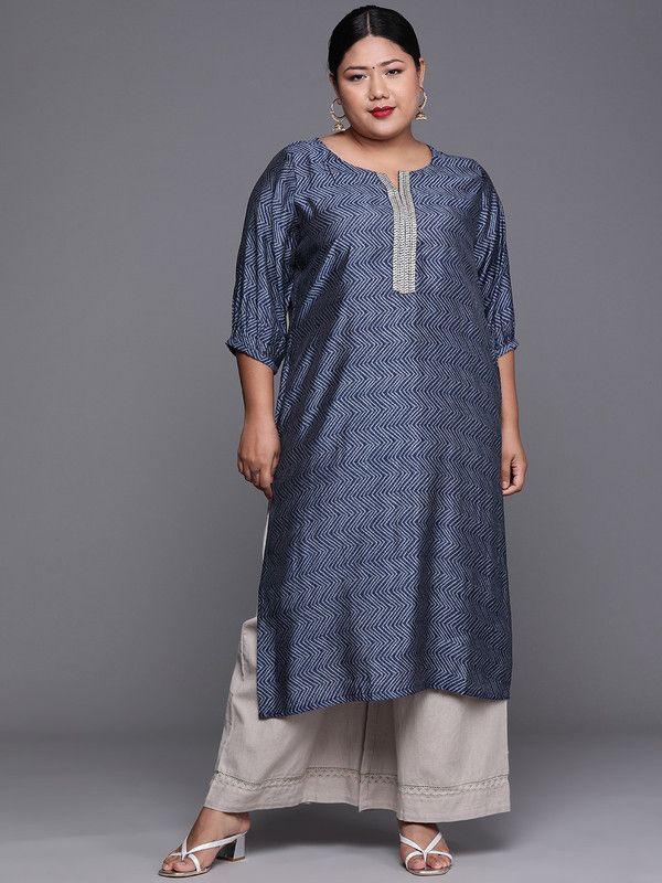 Women Printed Silk Blend Straight Kurta  (Dark Blue)