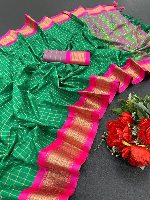 Self Design, Woven Daily Wear Cotton Silk Saree  (Green)