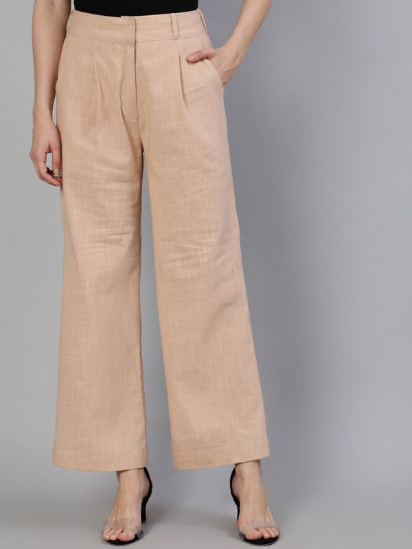 Women Flared Pink Pure Cotton Trousers