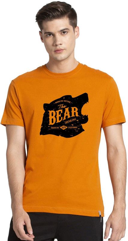 THE BEAR Men Printed Round Neck Pure Cotton Yellow T-Shirt