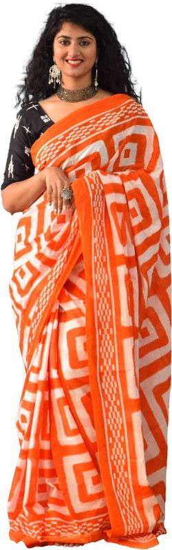 Striped Daily Wear Pure Cotton Saree  (Orange)