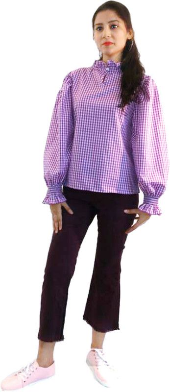 Casual Bishop Sleeve Checkered Women Purple Top