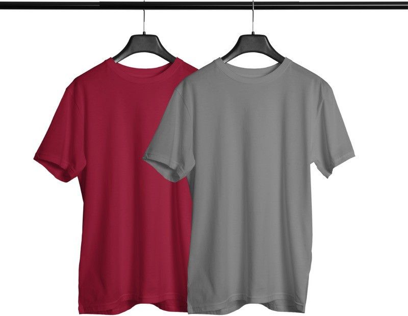 Pack of 2 Men Solid Round Neck Pure Cotton Grey, Maroon T-Shirt