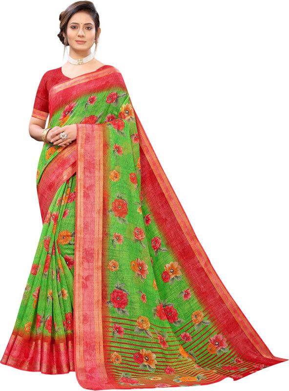 Self Design Banarasi Cotton Linen Saree  (Green)