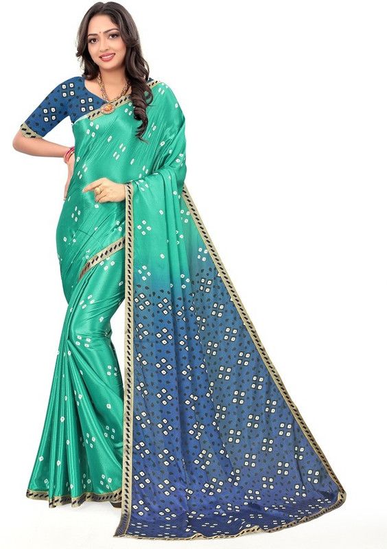 Embellished, Geometric Print, Printed Bandhani Silk Blend Saree  (Light Green, Blue)