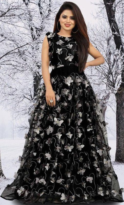 Flared/A-line Gown  (Black, Grey)