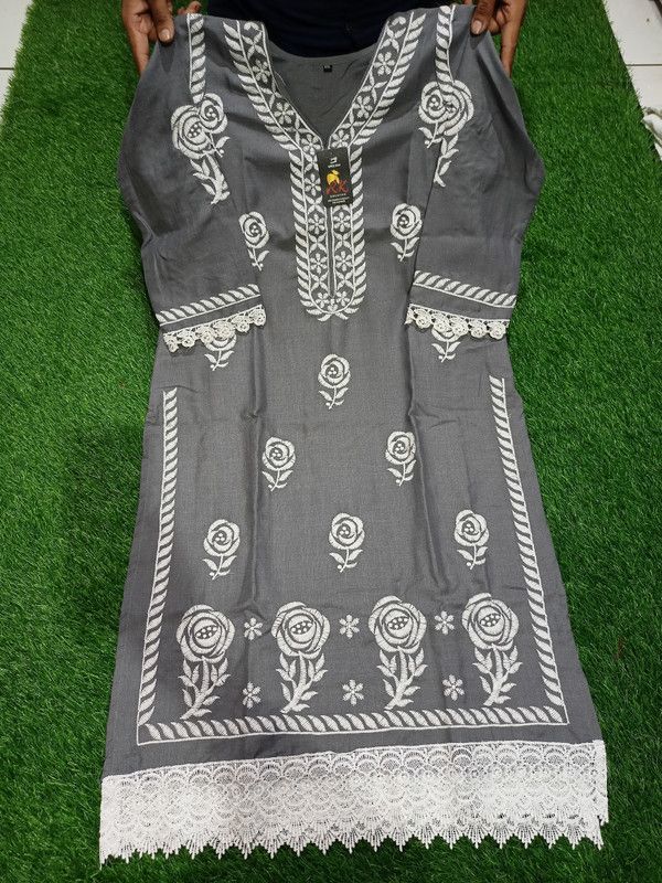 Girls Embroidered Kurta  (Grey)
