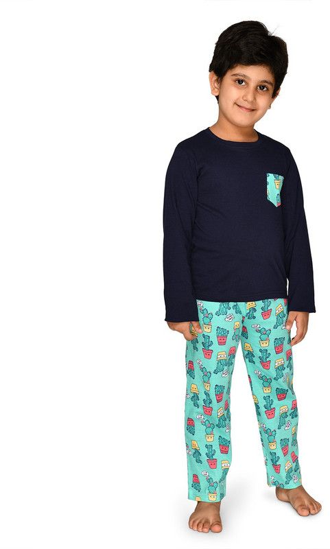 Boys Night Suit Set Dark Blue, Green Printed