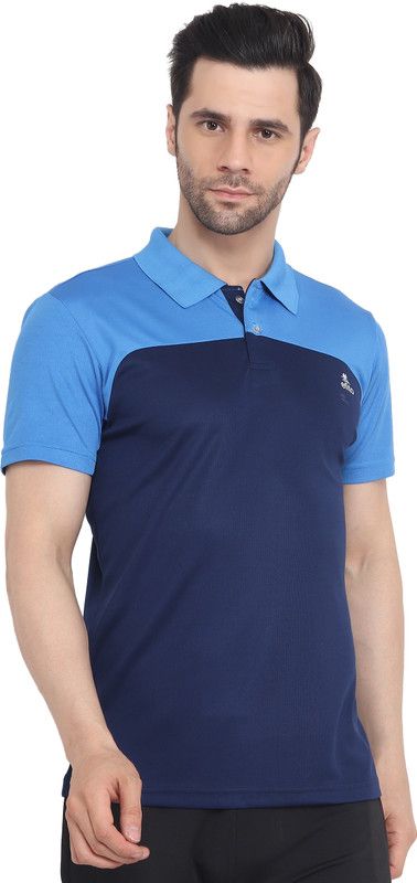 Men Colorblock Polo Neck Polyester Navy Blue T-Shirt