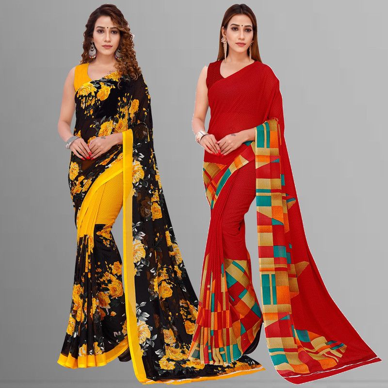 Floral Print Daily Wear Georgette Saree  (Pack of 2, Red, Black, Yellow)